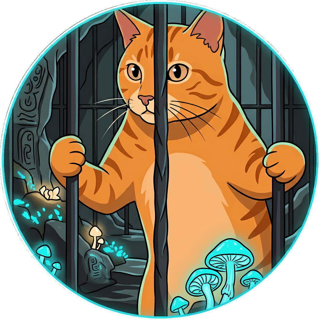 Jailcat: An orange tabby, unbothered, behind bars in a glowing cave.